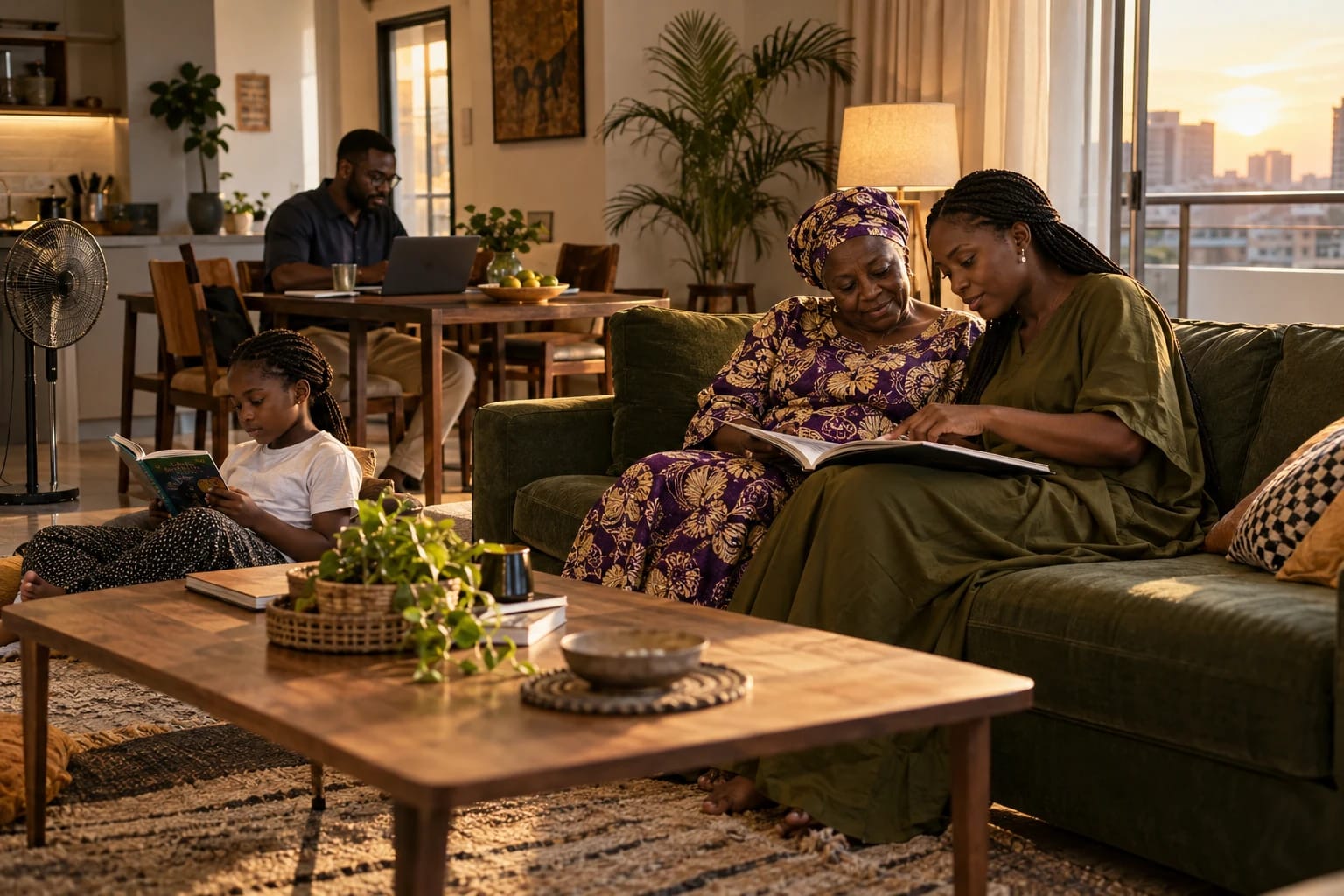 A family reading and working together at home in the evening