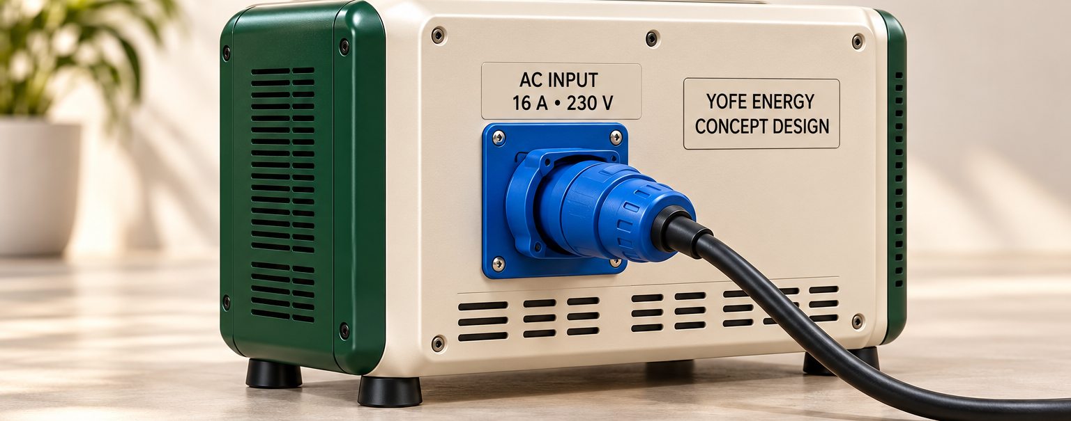 The AC charging input on the back of a YOFE dock